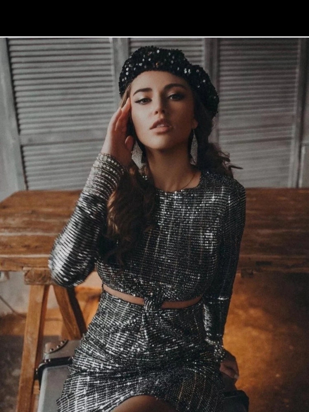 Zara Silver Sequin Knot Cut-Out Mini Dress Long Sleeve Bodycon Party Dress Sz S